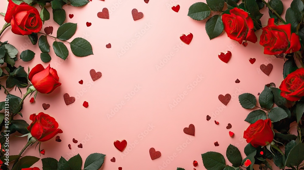 Romantic Valentine's Day background with red roses, hearts, and a soft pink gradient. Romantic Valentine's Day background with red roses, hearts, and a soft pink gradient.