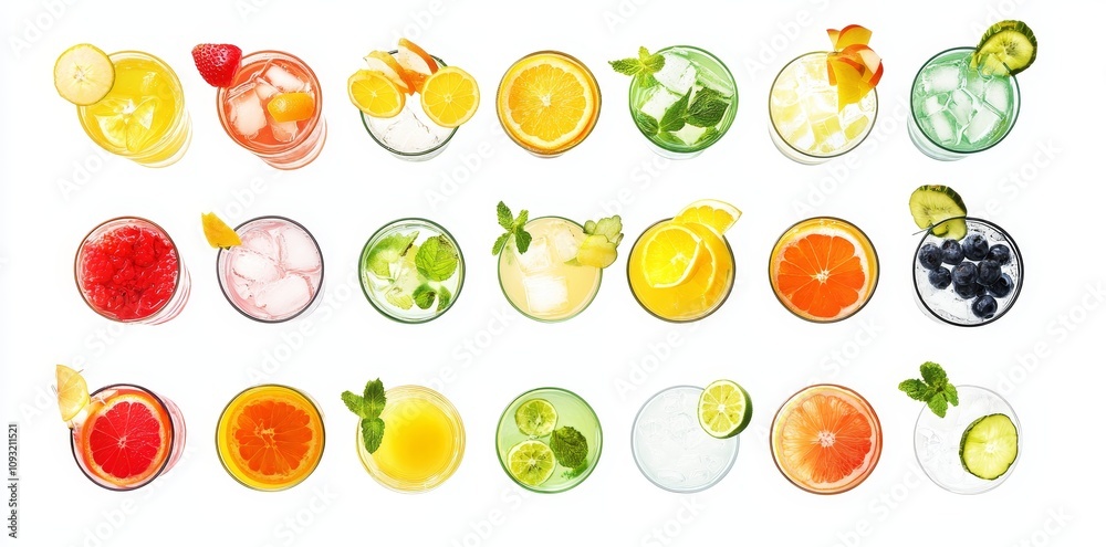 Top view of a collection of glasses with a colorful drinks menu isolated on a white background, a mocktail or cocktail for your refreshment. Top view of a collection of glasses with a colorful drinks menu isolated on a white background, a mocktail or cocktail for your refreshment.