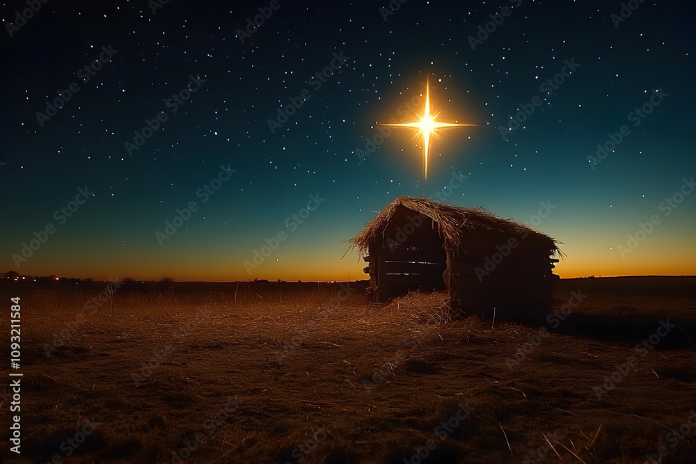 Fototapeta premium An empty manger and a bright star at sky, as a concept of nativity scene