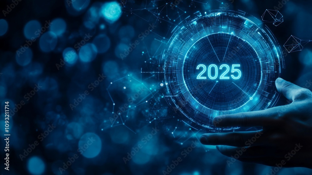 Futuristic 2025 holographic projection in hands. Futuristic 2025 holographic projection in hands.
