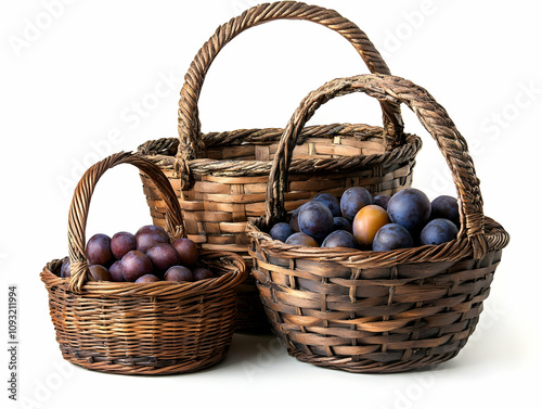 Photo Three Wicker Baskets Plums Fruit White Background