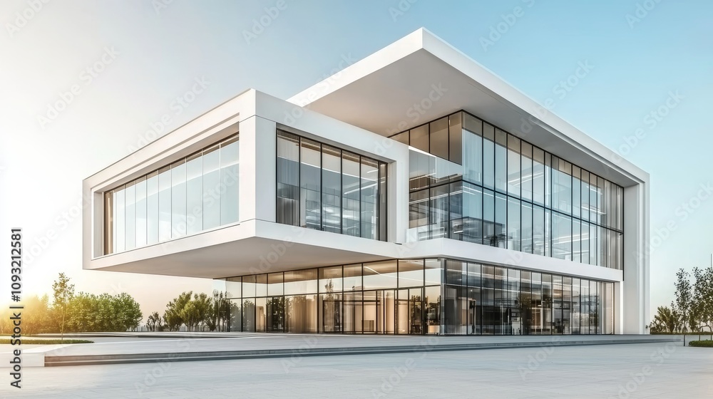 The Surreal Architecture building is surrounded by a blue sky and is constructed out of glass on a concrete white floor with a white ceiling. The Surreal Architecture building is surrounded by a blue sky and is constructed out of glass on a concrete white floor with a white ceiling.