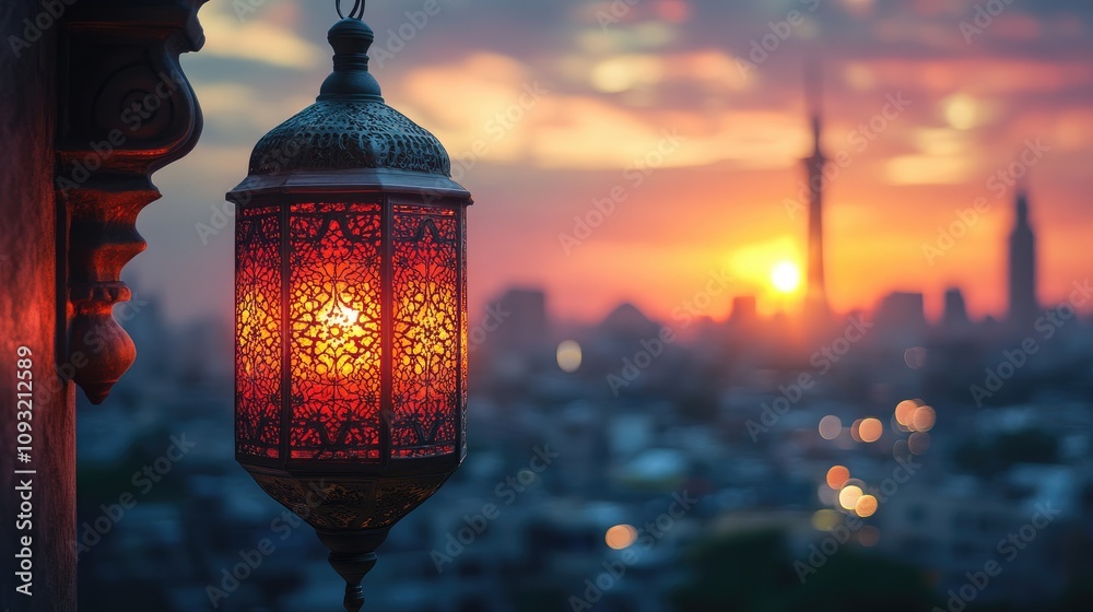 Sunset Lantern Glow with Intricate Designs Over Cityscape Sunset Lantern Glow with Intricate Designs Over Cityscape