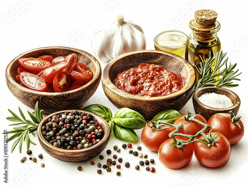 Illustration of Tomato Sauce Ingredients with Tomatoes, Garlic, Herbs, and Spices
