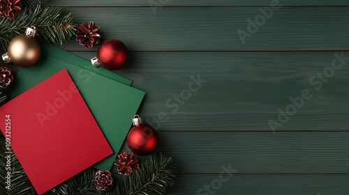 Red and green Christmas cards spread on a wooden table, holiday greeting scene, 3D illustrationcloses up photo