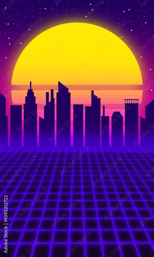 80s synthwave styled landscape With moon and grid lines. Retro Style landscape. retro 80s theme, neon gridlines 80s synthwave styled landscape With moon and grid lines. Retro Style landscape. retro 80s theme, neon gridlines