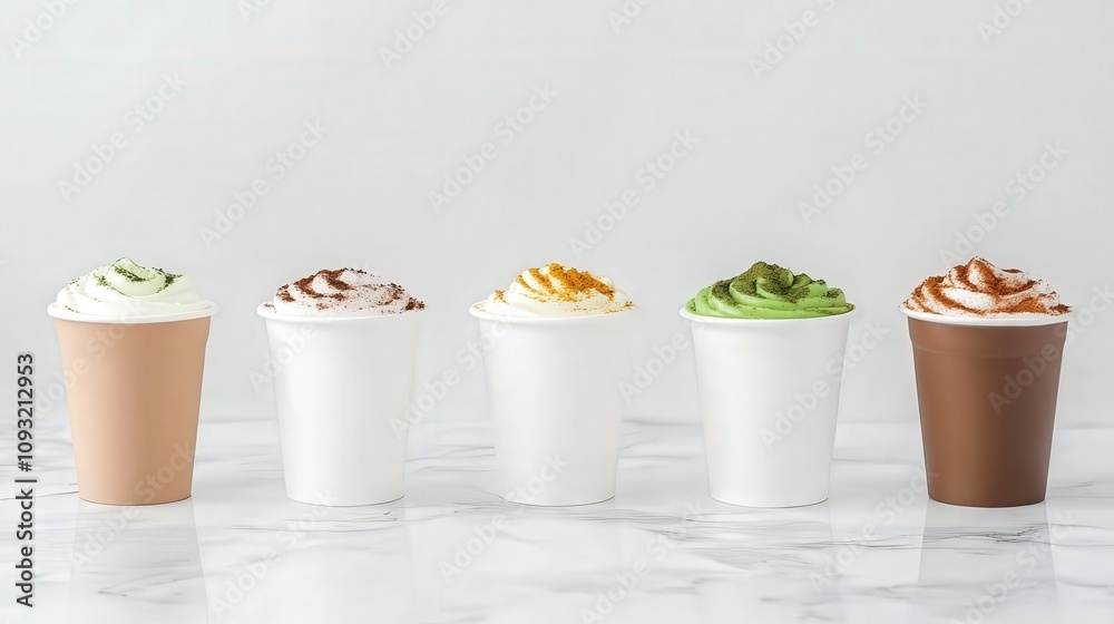 Assorted cups with whipped cream, chocolate drizzle on a marble surface. Assorted cups with whipped cream, chocolate drizzle on a marble surface.