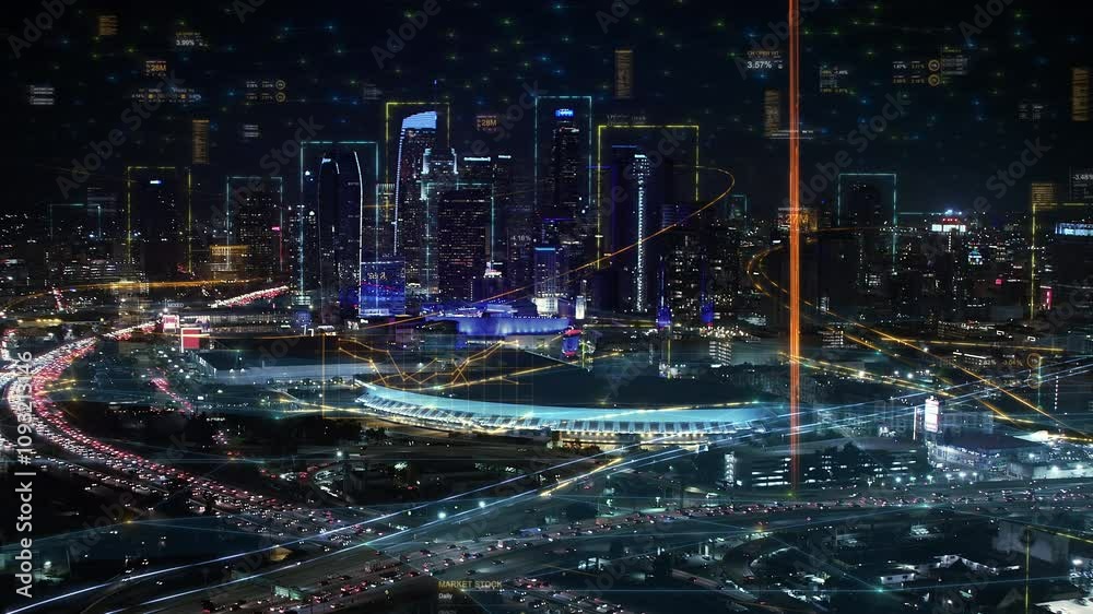 Augmented Reality over Los Angeles. Aerial view of Smart City Skyline with Futuristic Technological Concepts, Lines and Dots Network Connections and Big Data Connections. Metaverse.