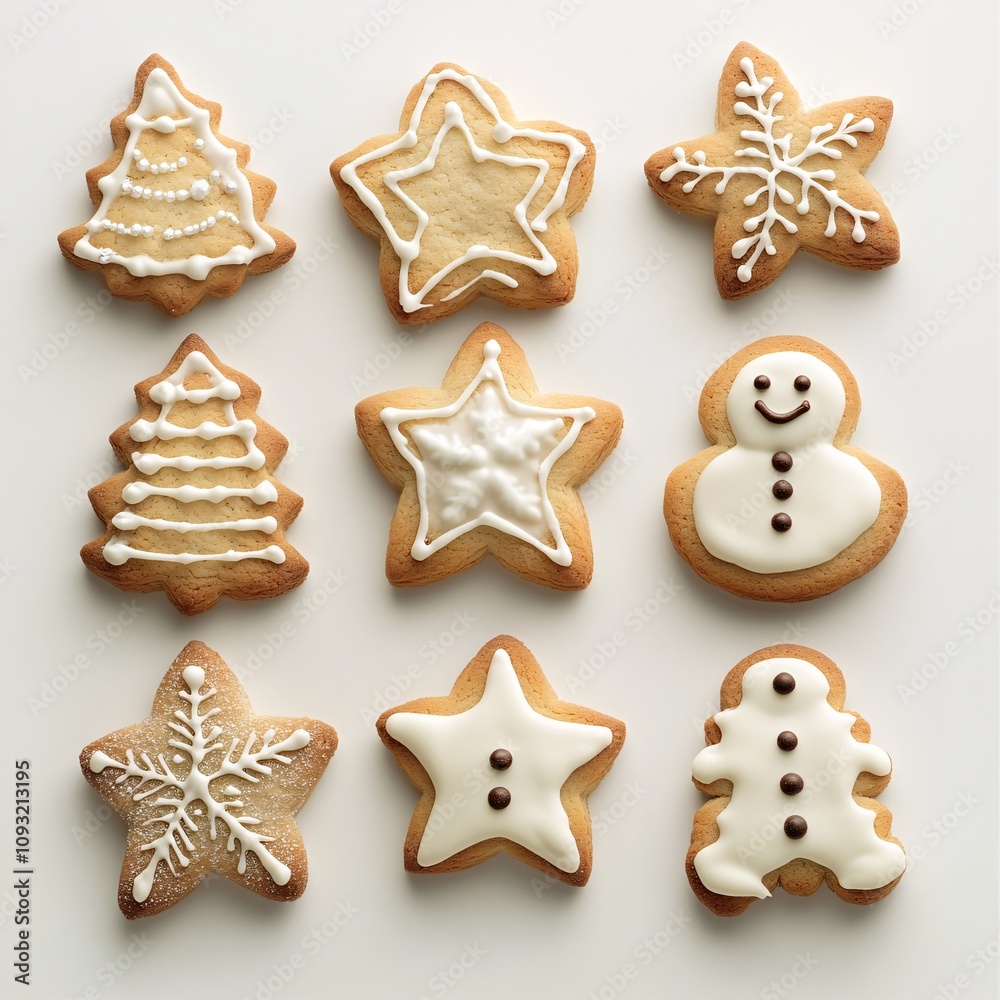 Christmas Cookies Shaped Like Stars, Trees, and Snowmen on White background Christmas Cookies Shaped Like Stars, Trees, and Snowmen on White background
