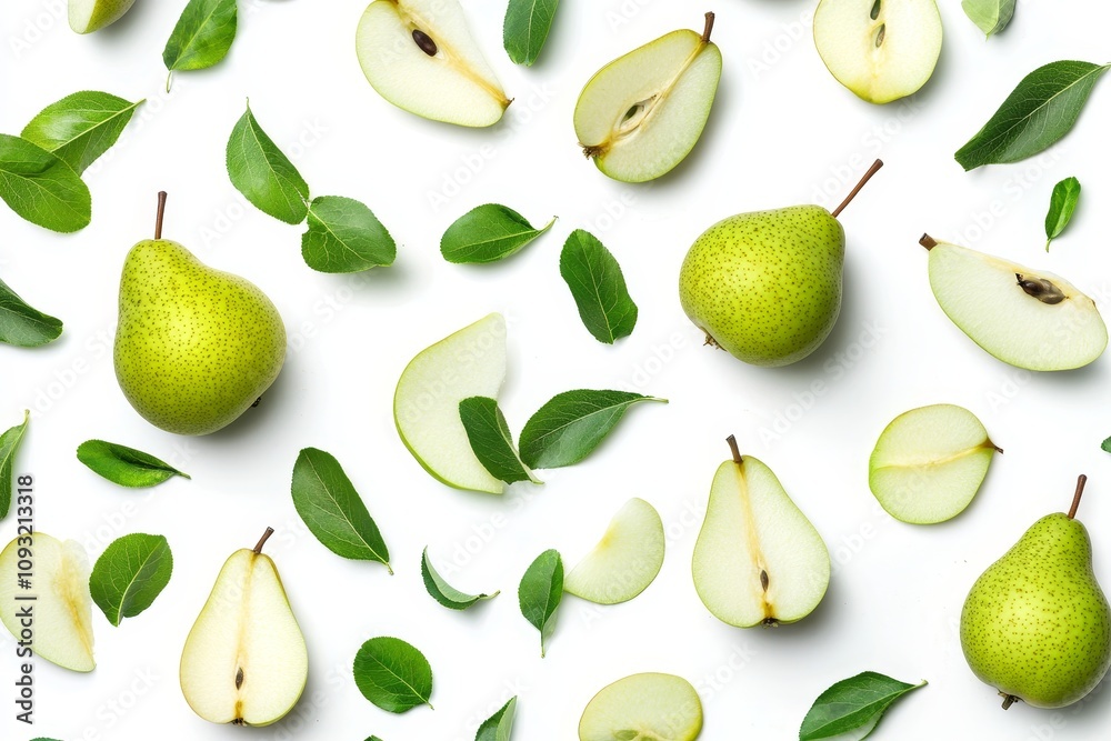 Obraz premium Summer fruit, fresh and ripe pears with leaves on the background, pears with half slices in hand.