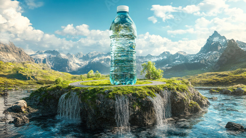 Giant water bottle on mystical mountain island. photo