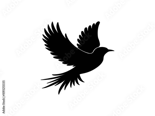 Black silhouette of a bird flying with wings spread.