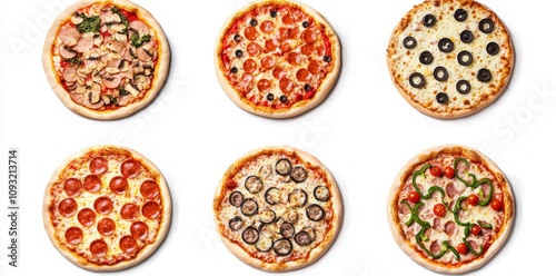 Various types of pizza in flat view, fast food dish, cheesy and meaty pizza collection in flat view.