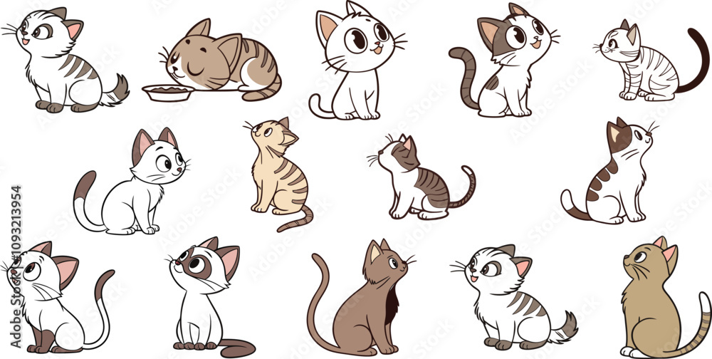 Obraz premium Cute funny cats in different comic fun poses. Adorable feline animals, clumsy amusing kitties sleeping, lying, playing in hilarious positions. Flat vector illustration isolated on white background 