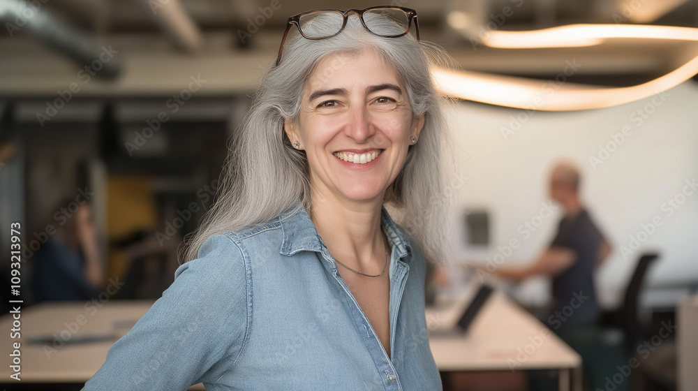 Portrait of a smiling senior woman with gray hair and glasses, standing confidently in a modern office environment. Portrait of a smiling senior woman with gray hair and glasses, standing confidently in a modern office environment.