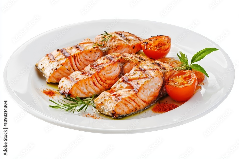 Grilled salmon steak meal on a white plate with falling salmon, peppers, and tomatoes in the background. Grilled salmon steak meal on a white plate with falling salmon, peppers, and tomatoes in the background.