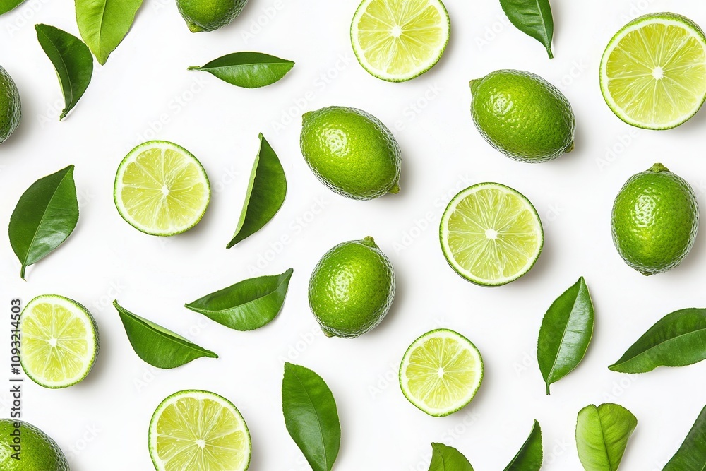 Sliced limes with green leaves and half slices on a green background. Fresh citrus summer fruit. Sliced limes with green leaves and half slices on a green background. Fresh citrus summer fruit.