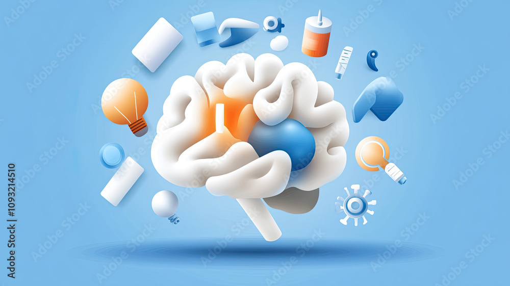 Creative brain concept with colorful elements representing ideas and innovation Creative brain concept with colorful elements representing ideas and innovation