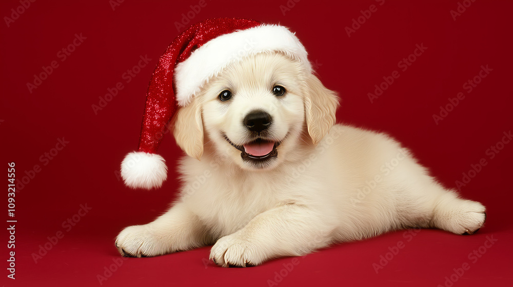 Golden retriever puppy wearing Santa hat lying on red background. Christmas and festive holiday concept for design and print Golden retriever puppy wearing Santa hat lying on red background. Christmas and festive holiday concept for design and print