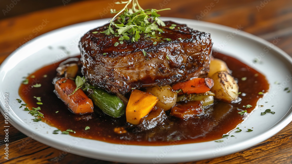 A platter of Sauerbraten, centered on the white plate with rich brown sauce and vegetables, garnished with fresh herbs. The dish is placed against an isolated wooden background to highlight its intric A platter of Sauerbraten, centered on the white plate with rich brown sauce and vegetables, garnished with fresh herbs. The dish is placed against an isolated wooden background to highlight its intric