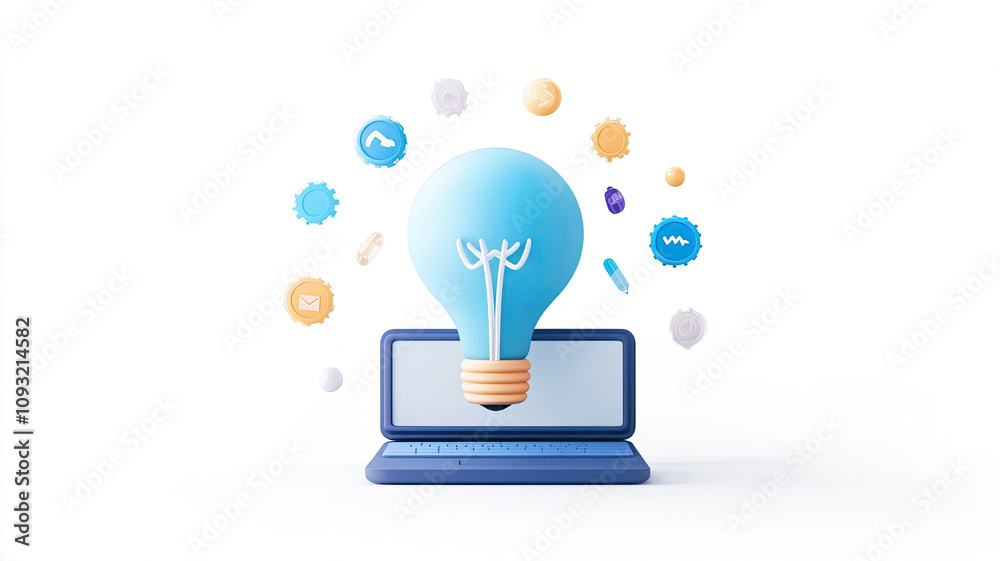 Innovative light bulb above laptop with creative icons representing ideas Innovative light bulb above laptop with creative icons representing ideas