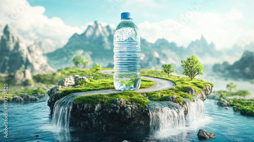 Idyllic scene of a water bottle on a green island photo