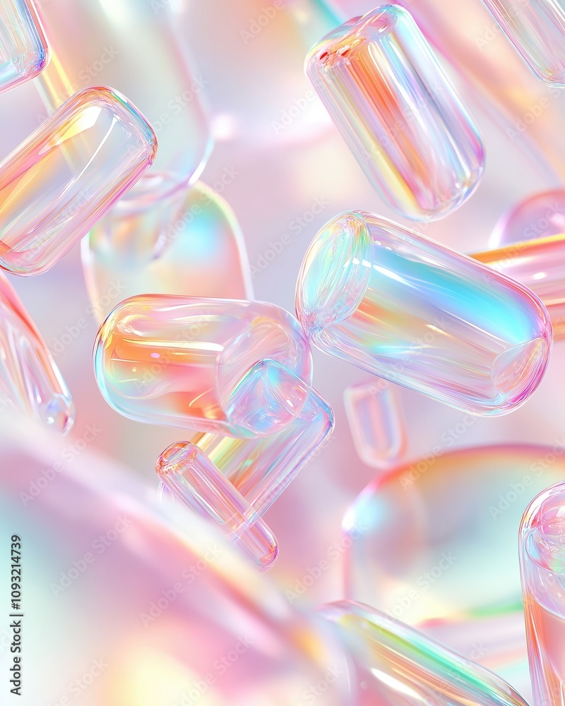 Floating iridescent capsules on soft pastel background abstract concept of modern fluidity, creativity, and innovation with holographic light effects Floating iridescent capsules on soft pastel background abstract concept of modern fluidity, creativity, and innovation with holographic light effects