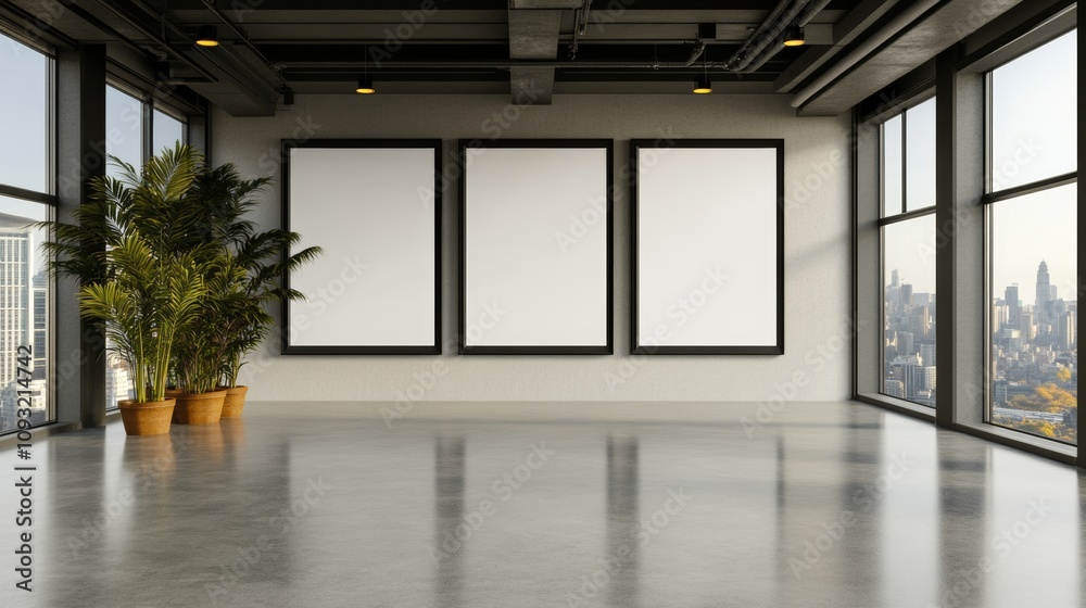 Three blank canvases hang on a wall in a modern, minimalist gallery space. Potted plants add a touch of nature to the clean, bright interior. Three blank canvases hang on a wall in a modern, minimalist gallery space. Potted plants add a touch of nature to the clean, bright interior.