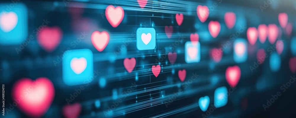 Digital hearts on the screen, abstract background, connecting people online.