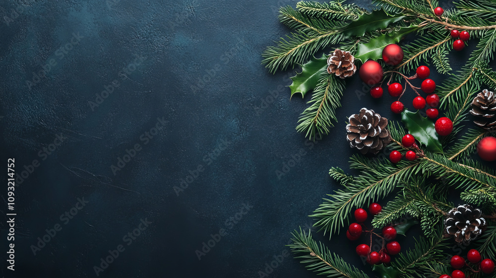 Christmas arrangement with fir branches, holly leaves, red berries, pinecones, and ornaments on a textured dark background. Festive holiday concept with copy space for design and print Christmas arrangement with fir branches, holly leaves, red berries, pinecones, and ornaments on a textured dark background. Festive holiday concept with copy space for design and print