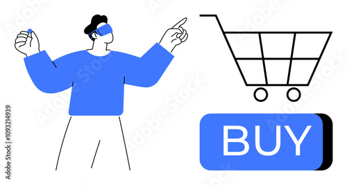 Person with VR headset pointing towards a shopping cart and buy button. Ideal for e-commerce, technology, digital marketing, retail, online shopping, user experience, future trends. Line metaphor