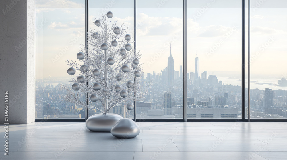 Modern silver Christmas tree with metallic ornaments in front of large windows overlooking cityscape. Studio interior photography with copy space. Contemporary holiday decoration concept for design. Modern silver Christmas tree with metallic ornaments in front of large windows overlooking cityscape. Studio interior photography with copy space. Contemporary holiday decoration concept for design.
