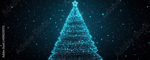 A giant Christmas tree glowing with holographic lights, large night sky space for text, cool blue tones, Futuristic, Digital artcloses up