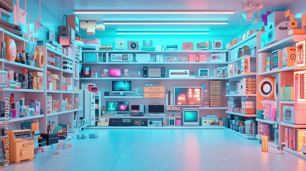 Retro electronics collection in vibrant room with neon lighting and futuristic décor shelves filled with vintage gadgets, computers, and sound systems Retro electronics collection in vibrant room with neon lighting and futuristic décor shelves filled with vintage gadgets, computers, and sound systems