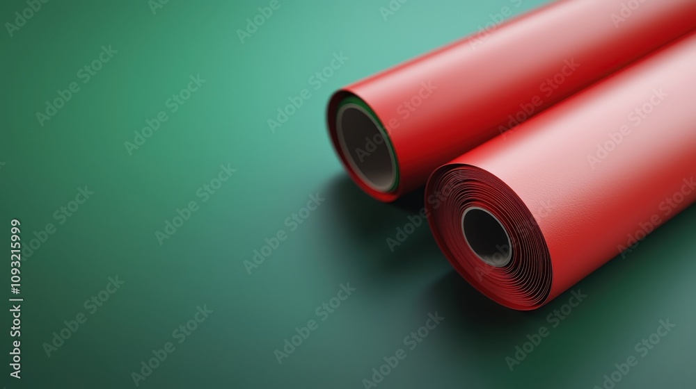 Red and green wrapping paper rolls, ready for holiday gift wrapping, 3D illustrationcloses up Red and green wrapping paper rolls, ready for holiday gift wrapping, 3D illustrationcloses up