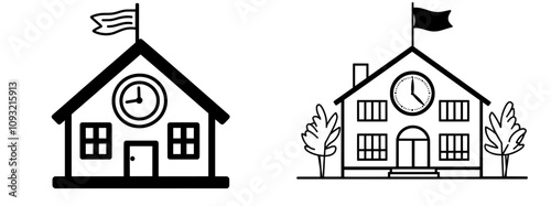 App and website icon showing a school building with a clock and flag in a flat style.