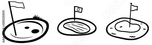 A modern color icon for sports apps and websites, featuring a golf course green with a flagstick and golf ball.