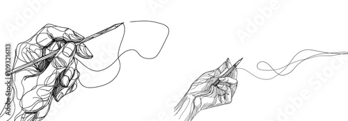 A single, continuous line drawing of a hand with palm and fingers, using a pen, pencil, or ballpoint for writing or drawing with ink, depicted in a modern minimalist style, isolated on a white