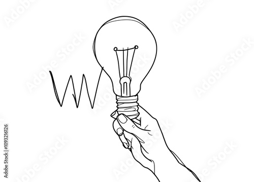 A light bulb idea. A sketch of a hand with a pen drawing a single light bulb, symbolizing invention or creative thinking. This represents a new project, a brainstorm of modern concepts, a startup