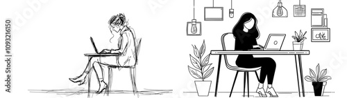 A businesswoman using a laptop - a single continuous line drawing.