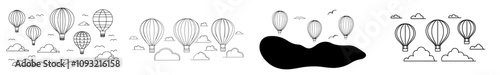 A single, continuous line drawing depicts hot air balloons soaring in the sky.