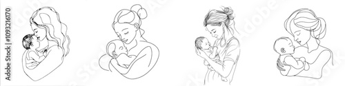 Contemporary line art illustration of a family portrait, featuring a mother, father, and newborn baby.