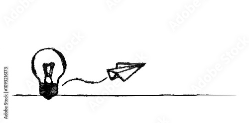 A paper plane takes flight in one continuous line drawing, connected to a light bulb. The airplane is in outline style, illustrating a startup business idea with an editable stroke. This is a modern