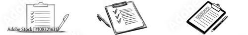 A single continuous line drawing of a clipboard with a checklist and pen, featuring a to-do list with checkmarks, symbolizing test expertise and exams in a simple linear style. Editable stroke.