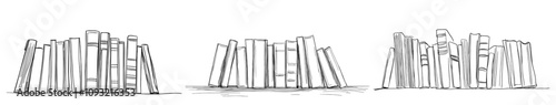 A single continuous line drawing of a stack of books. An illustration of a bookstore or library in a continuous one-line style. Modern minimalist linear artwork.