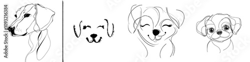 A simple, single-line drawing of a dog icon, featuring a minimal black and white design.