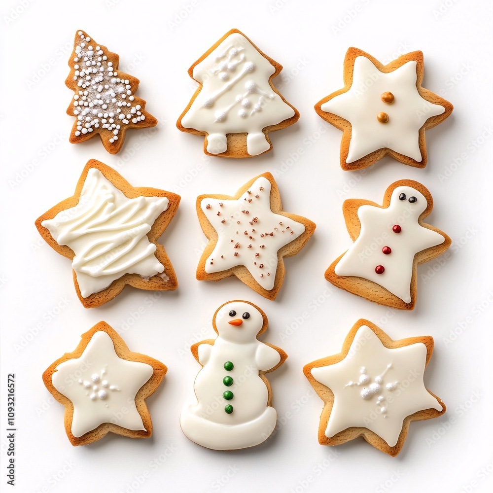 Christmas Cookies Shaped Like Stars, Trees, and Snowmen on White background Christmas Cookies Shaped Like Stars, Trees, and Snowmen on White background
