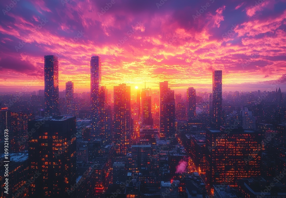 Fototapeta premium A contemporary urban aesthetic features vivid cityscapes, dynamic colors, modern architecture elements, vibrant buildings, and skylines