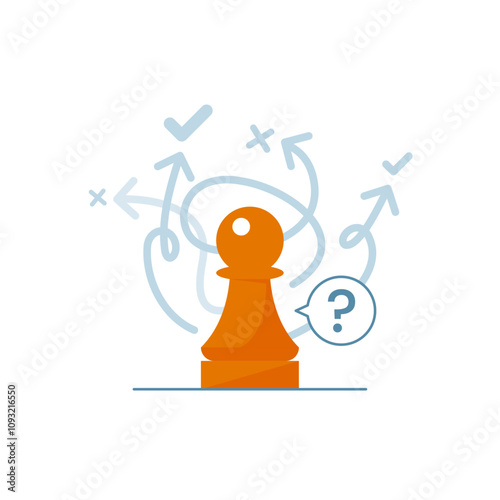 illustration of a chess pawn with multiple arrows pointing toward check mark and cross symbols, uncertainty in decision making or challenge of choosing the right strategy. planning, risk assessment