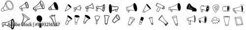 A collection of loudspeaker and megaphone icons. Icons for electric megaphones used in sound announcements or marketing advertisements. Icons featuring loudspeakers and megaphones.